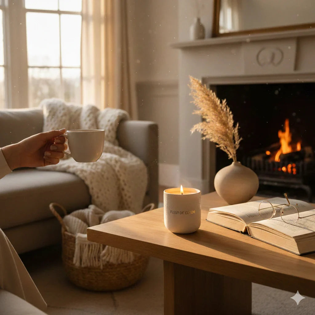 Ambiance cocooning chaleureuse bougie feu de bois ambiance hygge