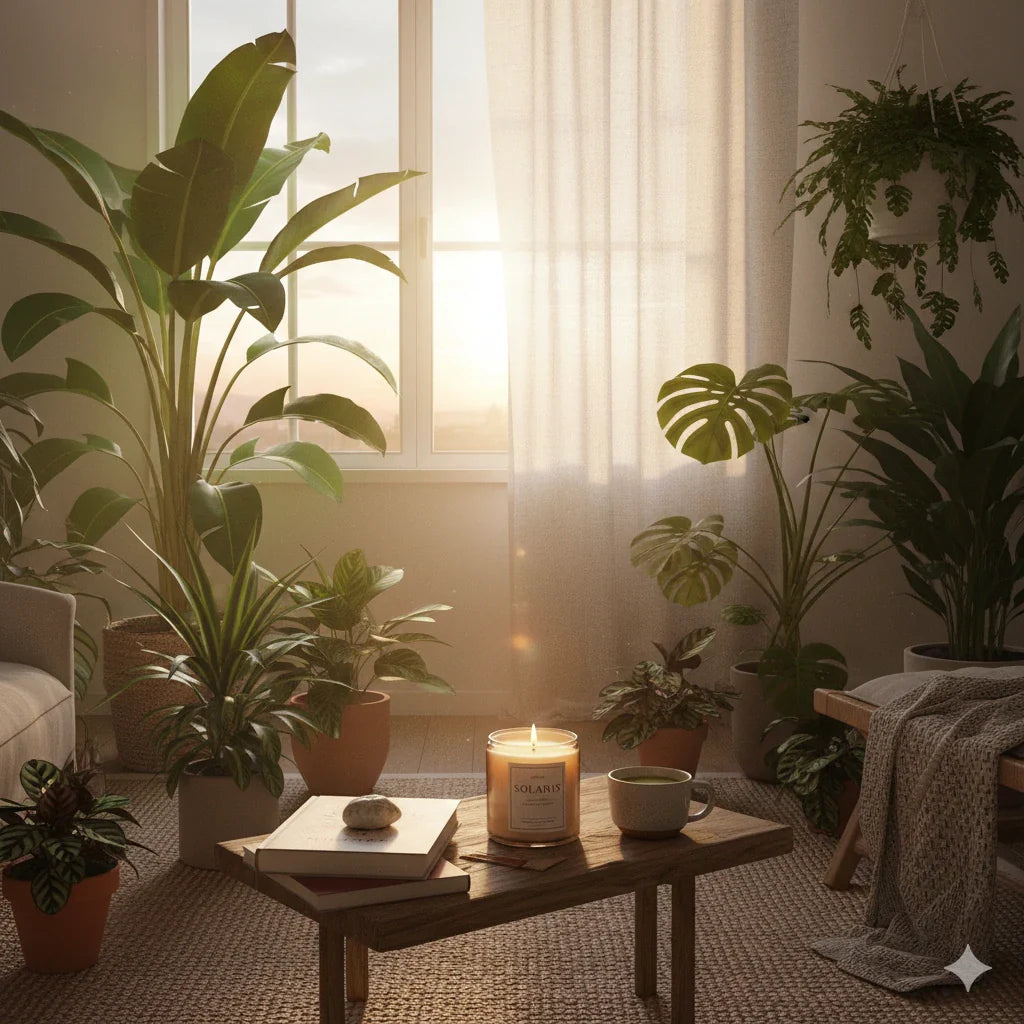Ambiance solaire zen plantes vertes soleil bougie allumée
