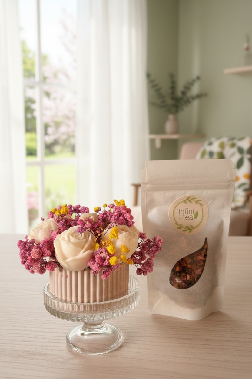 Intégration du bouquet sur une table avec tisane par infiniandtea 