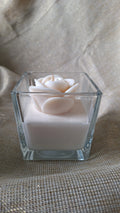 Contenant verre trasparent bougie rose parfum fleuri