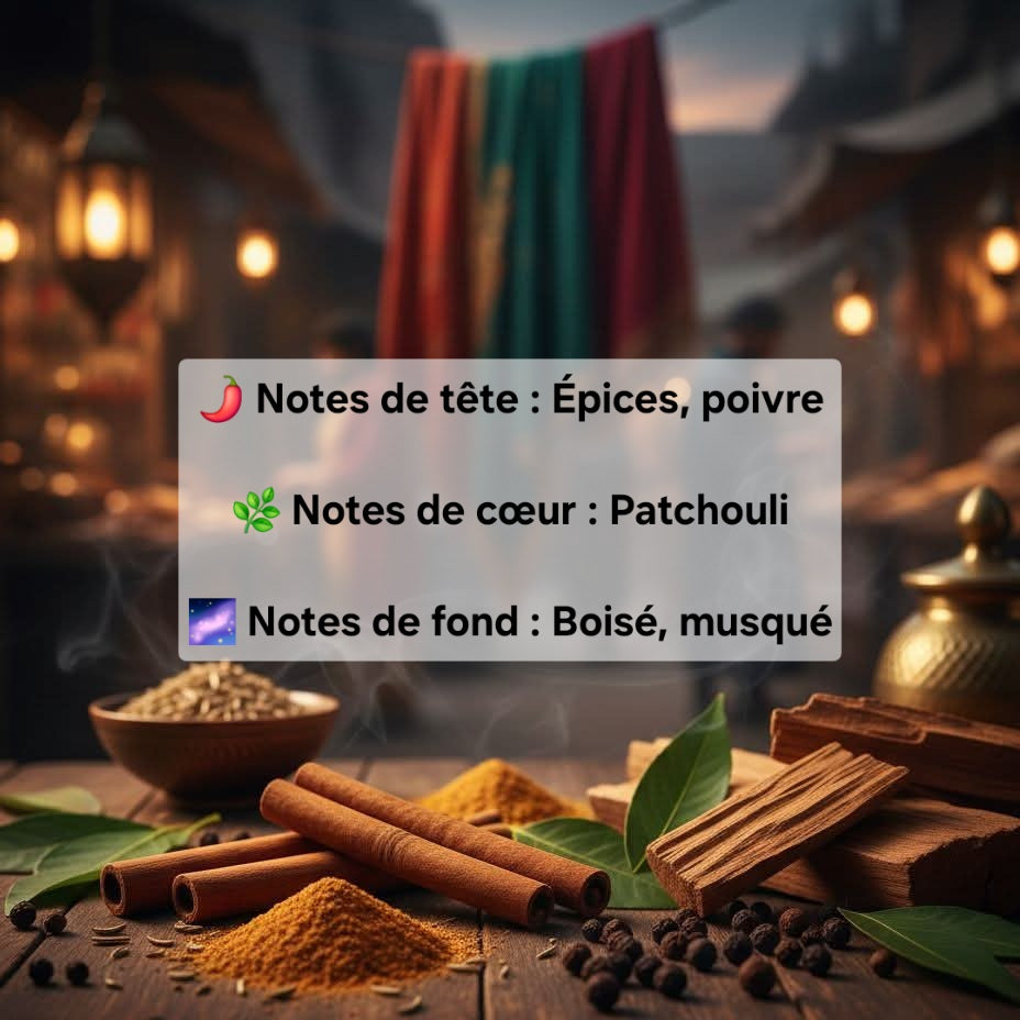 Poivre patchouli decor montrabt les différents composants
🌶️ Notes de tête : Épices, poivre
🌿 Notes de cœur : Patchouli
🌌 Notes de fond : Boisé, musqué