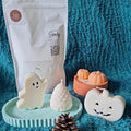 coffret sortilege d'automne bougies roubaix pour automne cosy cire de sable en sachet blanc, bougie fantôme, pomme de pin en cire blanche citrouille effrrayante yeux noirs bougie en pot terra cota et decorations en cire vegetale orange